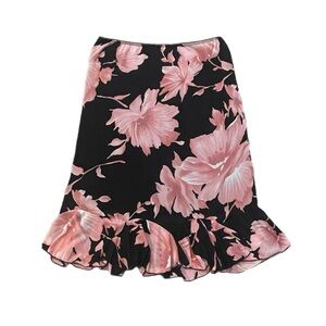 VTG Y2k Midi Floral Skirt Ruffle Hem Black Pink Hibiscus Romantic Tropical  S